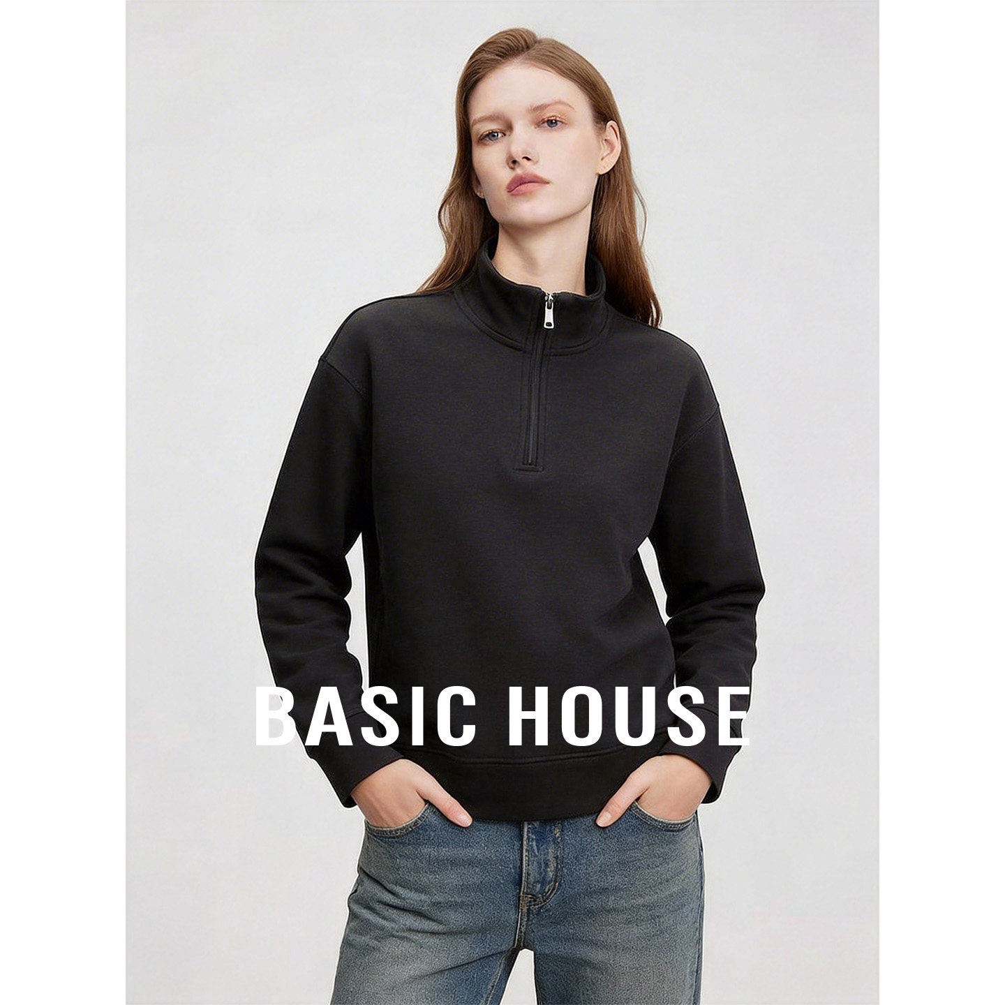 Basic House/百家好黑色半高领基础简约卫衣女春季舒适内搭上衣