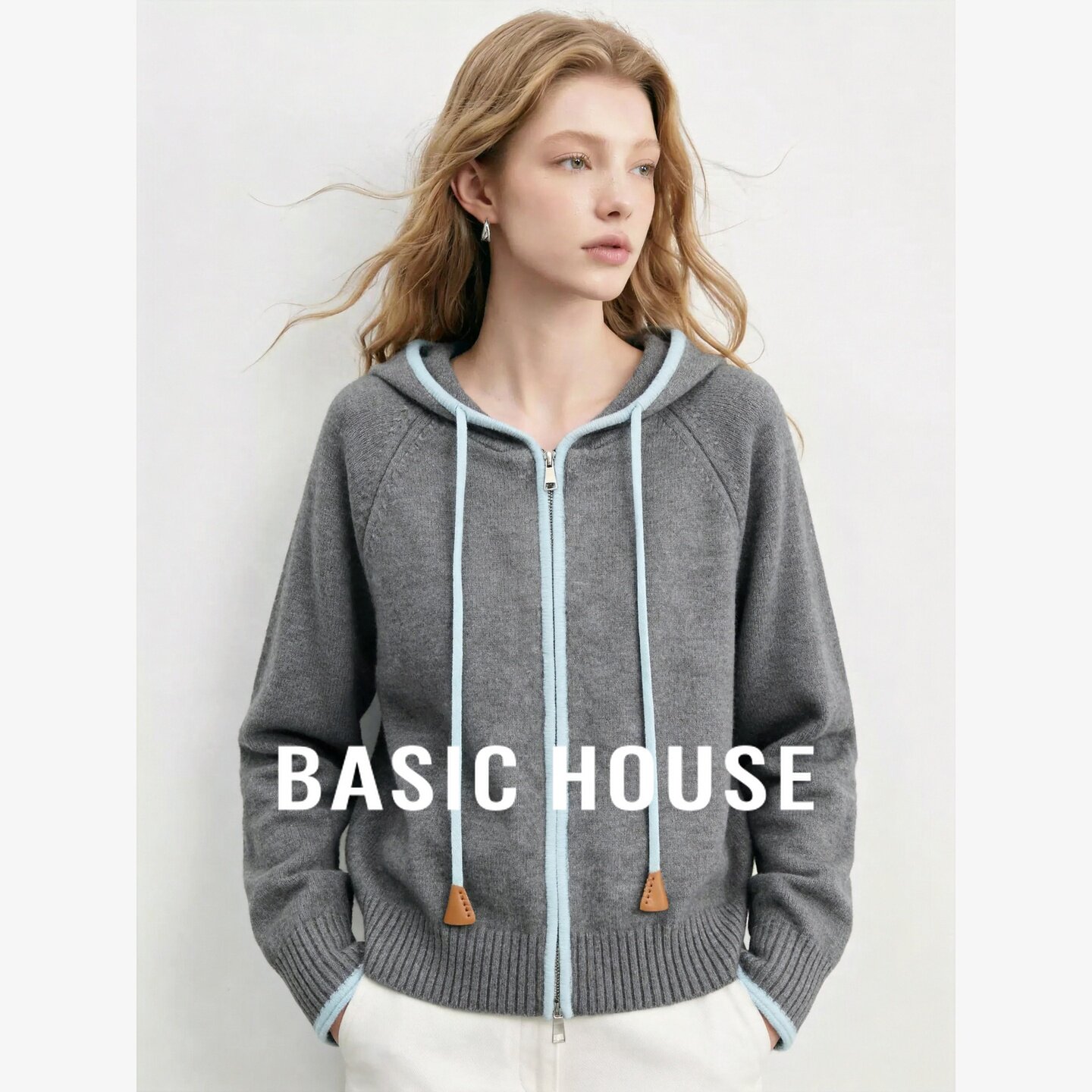 Basic House/百家好韩系连帽拉链针织开衫女宽松撞色百搭毛衣外套