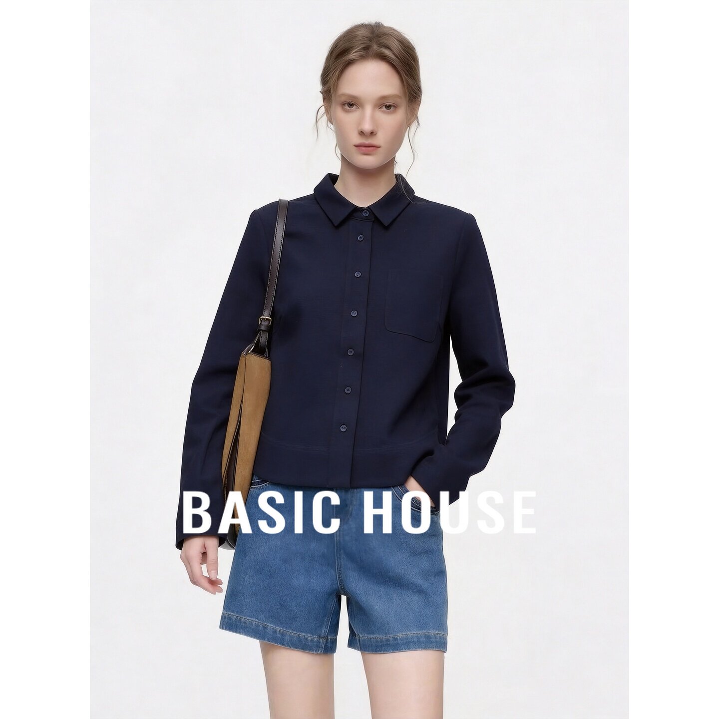 Basic House/百家好莱赛尔衬衫女翻领长袖宽松通勤上衣极简深蓝色