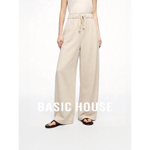 Basic House/百家好米色百搭松紧腰抽绳阔腿裤女宽松直筒休闲裤