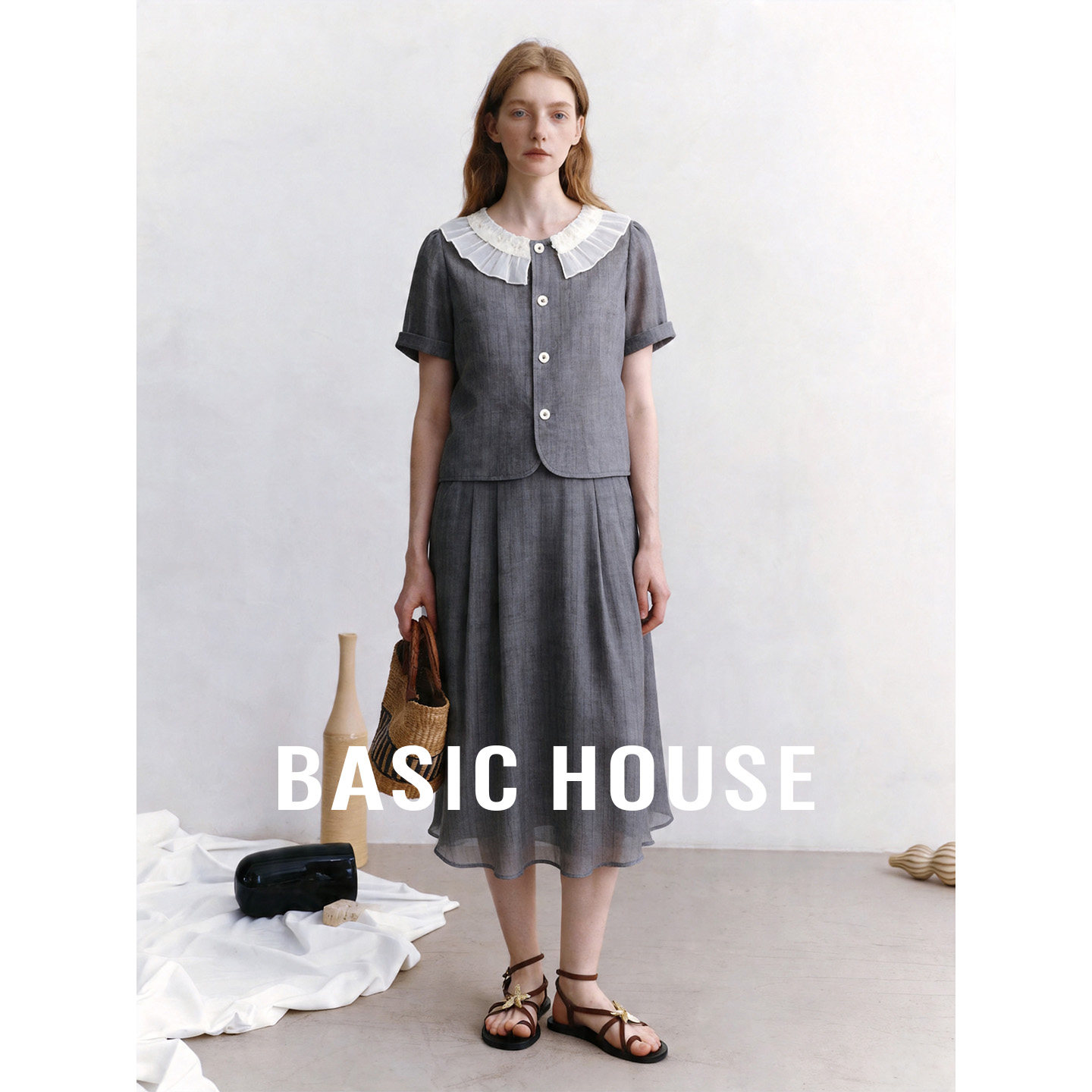 Basic House/百家好学院风套装荷叶领短袖衬衫中长款半身裙两件套