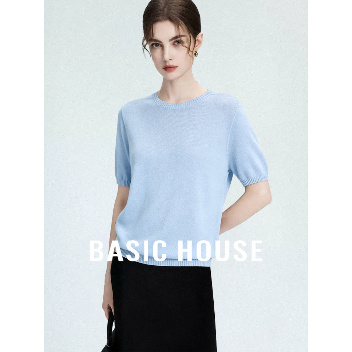 Basic House/百家好时尚百搭蓝色圆领短袖T恤韩系简约显瘦针织衫