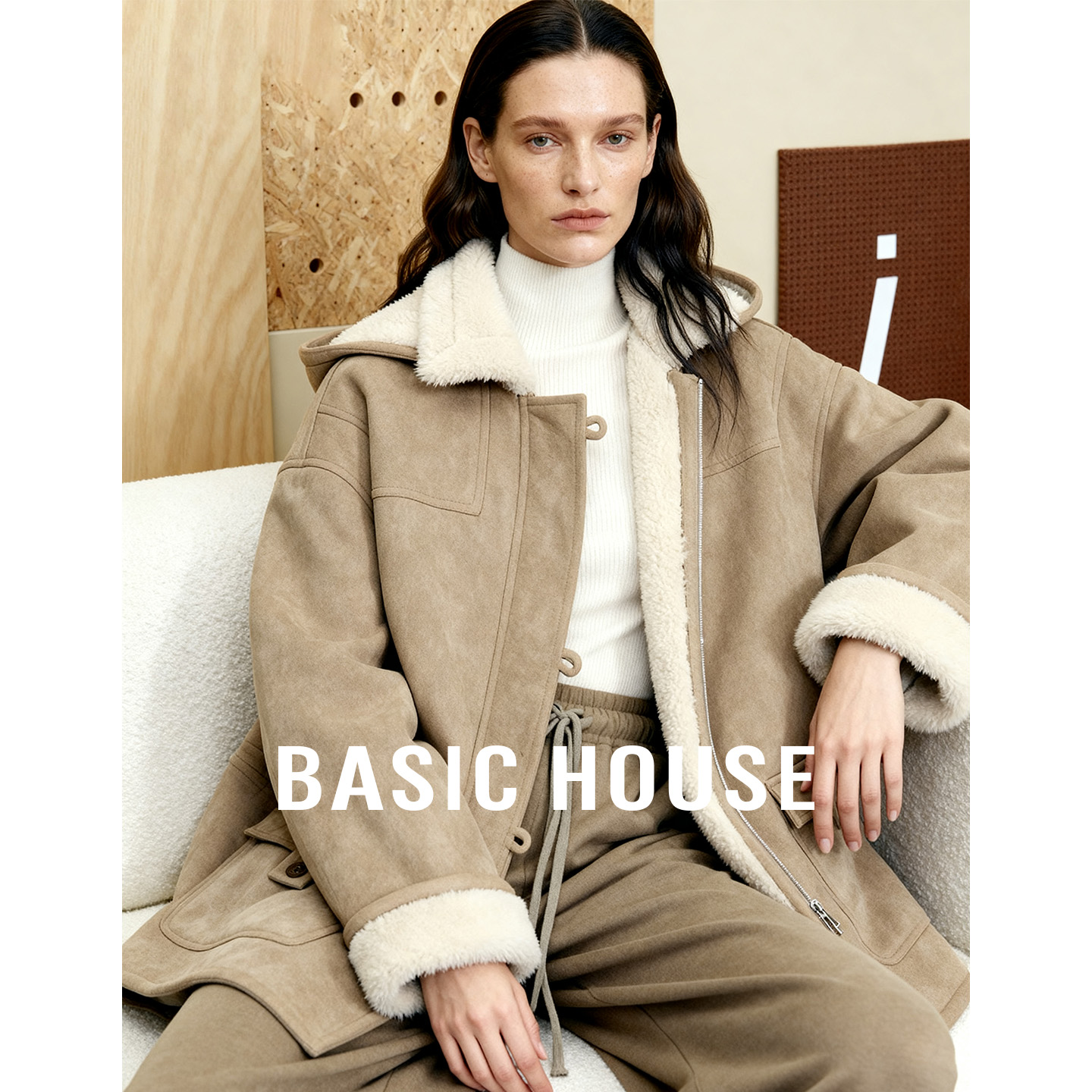 Basic House/百家好卡其皮毛一体大衣新款保暖连帽中长款加厚外套