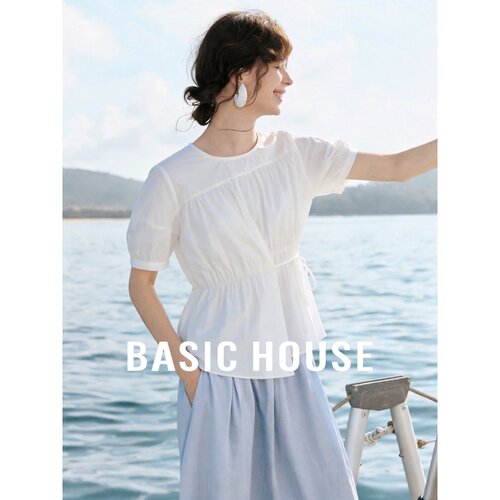 Basic House/百家好白色小众设计感衬衫女夏系带收腰显瘦短袖上衣