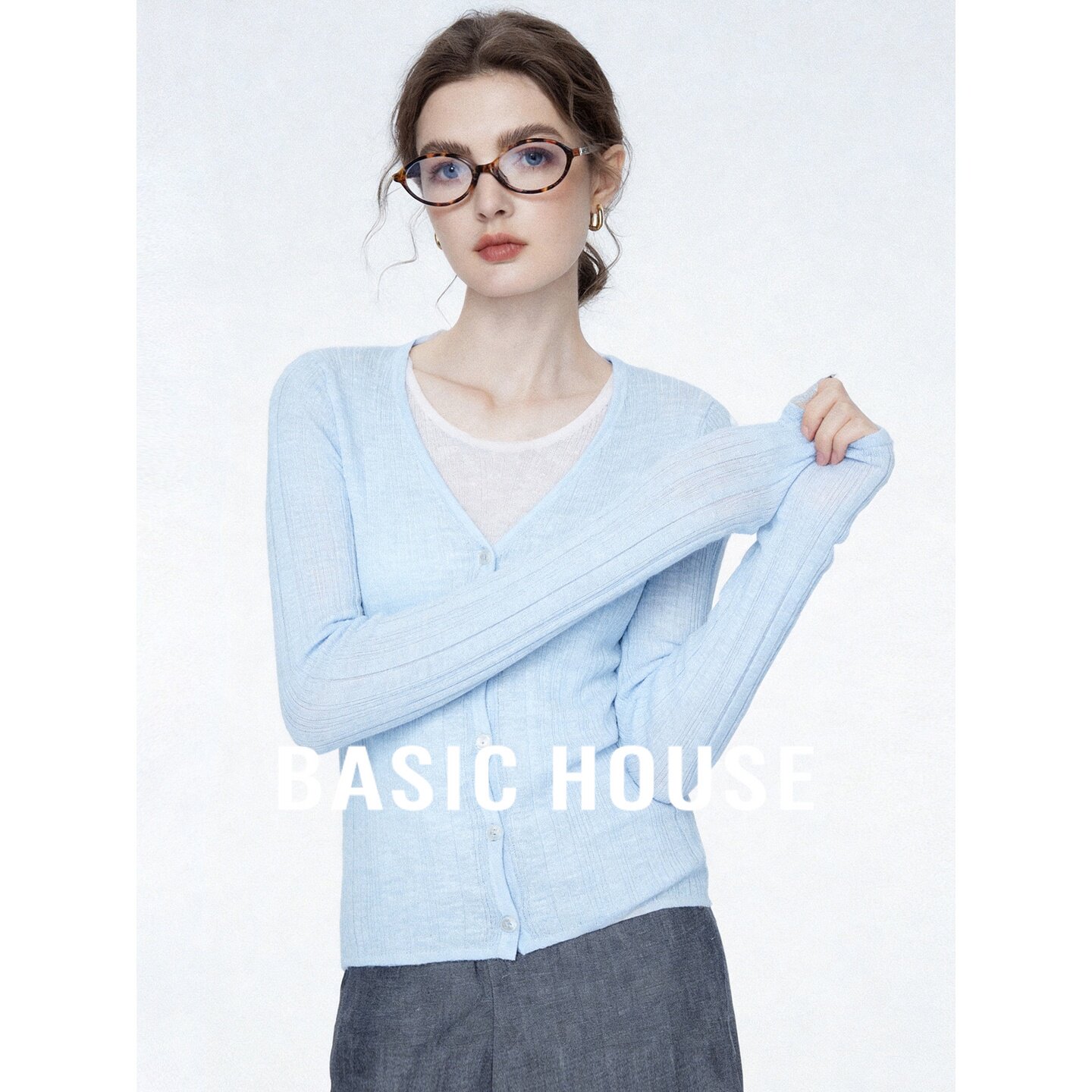 Basic House/百家好蓝色假两件长袖针织衫女薄款舒适秋款百搭上衣
