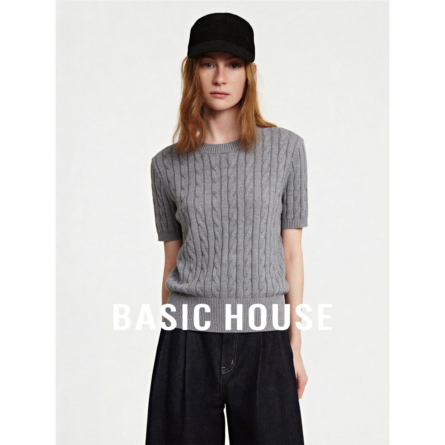 Basic House/百家好2026夏季新款圆领绞花短款针织衫纯色短袖上衣