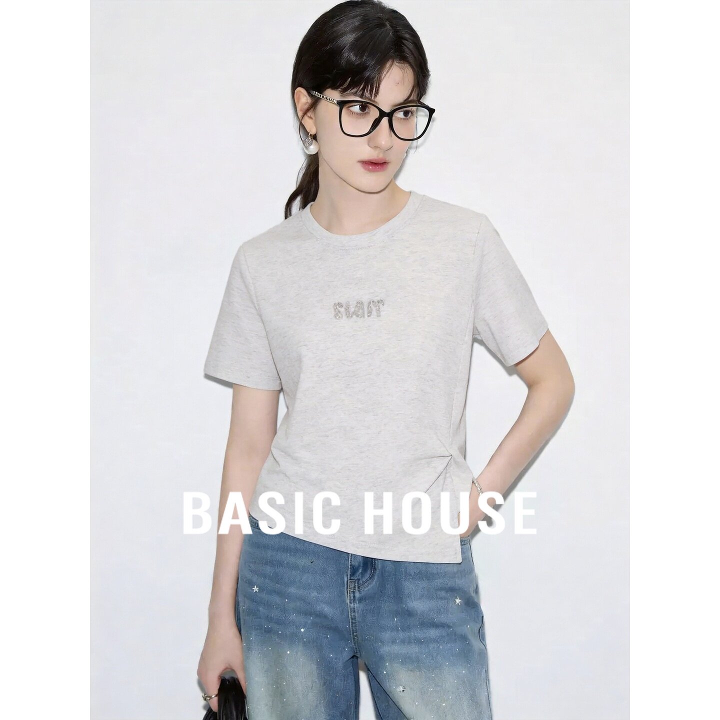 Basic House/百家好浅灰色圆领短袖T恤女夏简约宽松显瘦百搭上衣