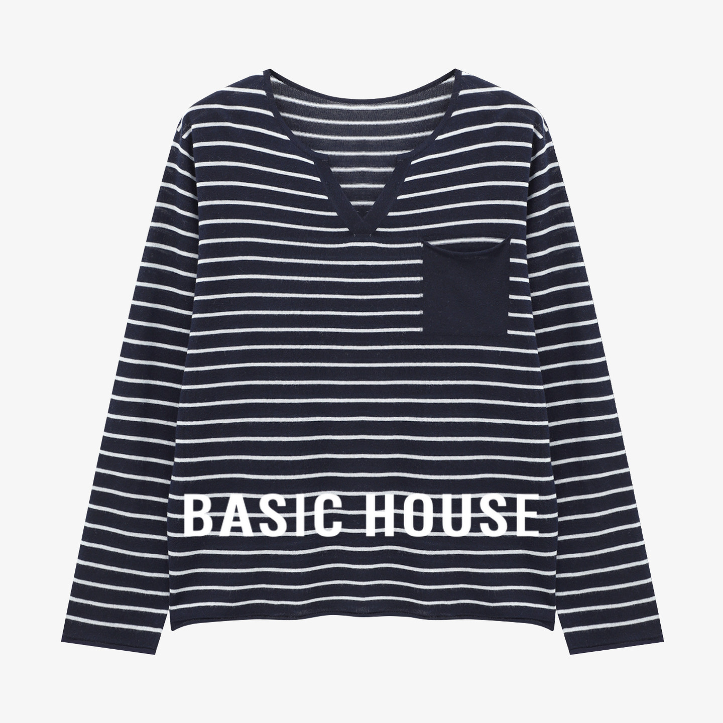 Basic House/百家好绵羊毛条纹撞色拼接针织衫宽松舒适套头上衣女