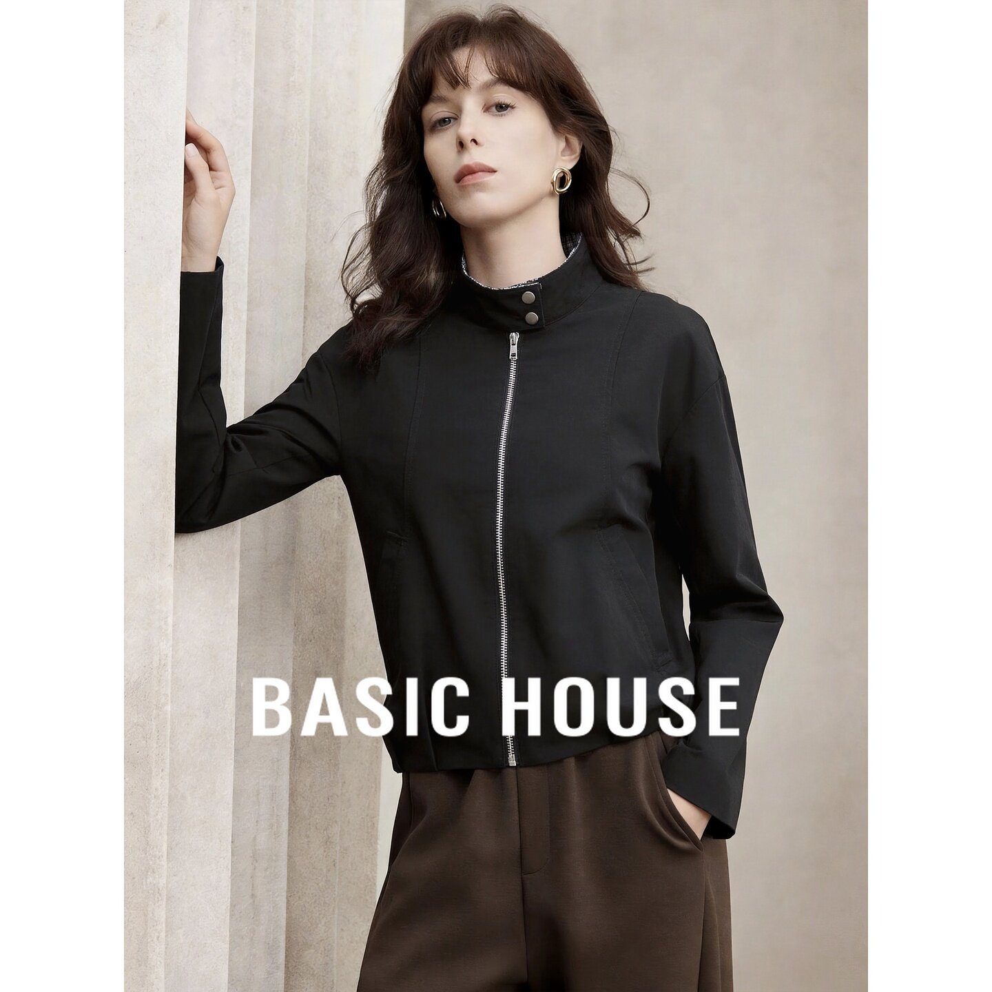 Basic House/百家好工装黑色外套立领拉链格纹内衬双口袋短款休闲
