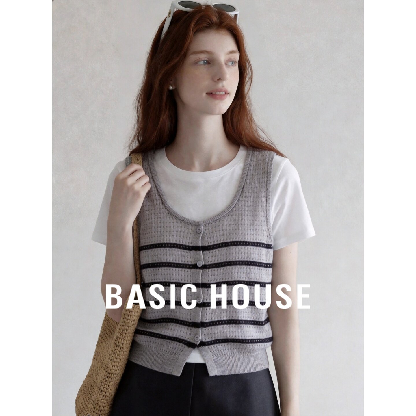 Basic House/百家好假两件条纹短袖针织衫女灰色撞色显瘦气质上衣
