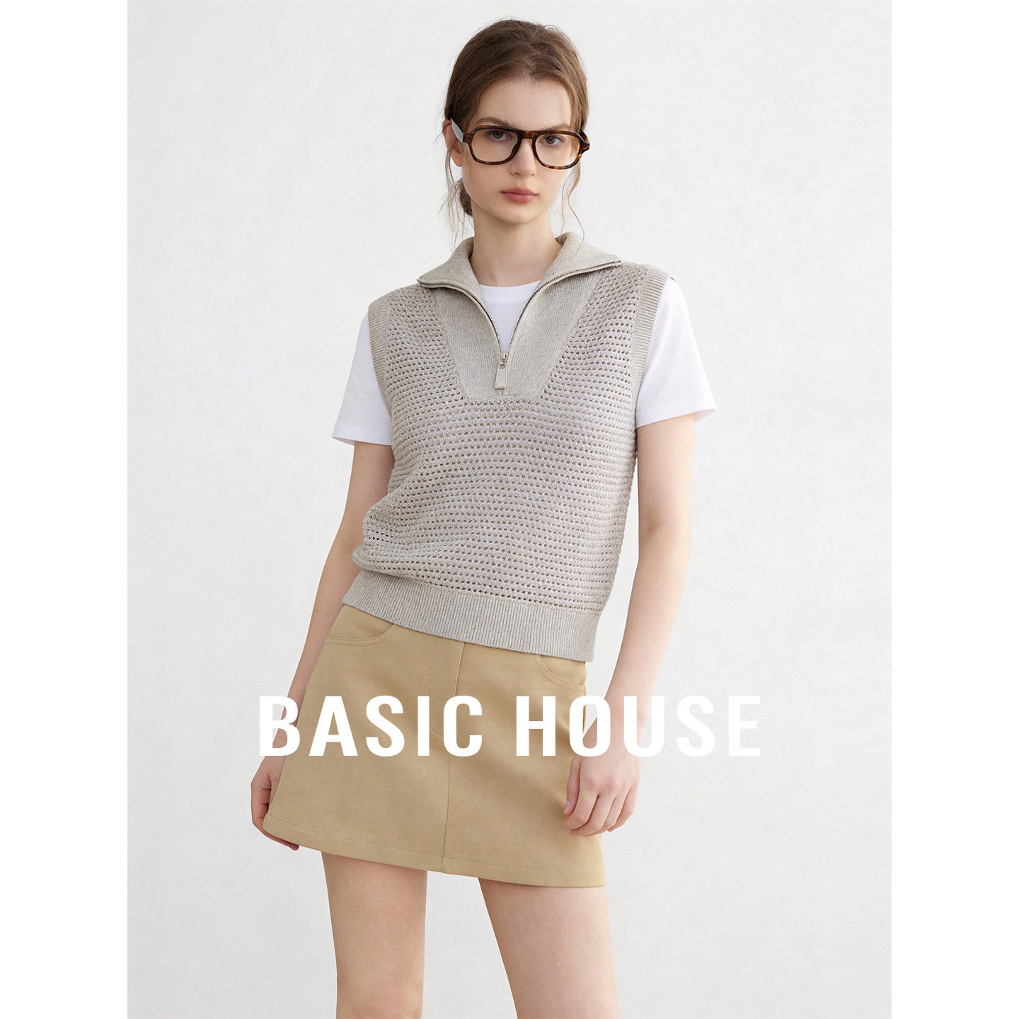 Basic House/百家好绵羊毛半拉链立领套头马甲女新款镂空无袖背心