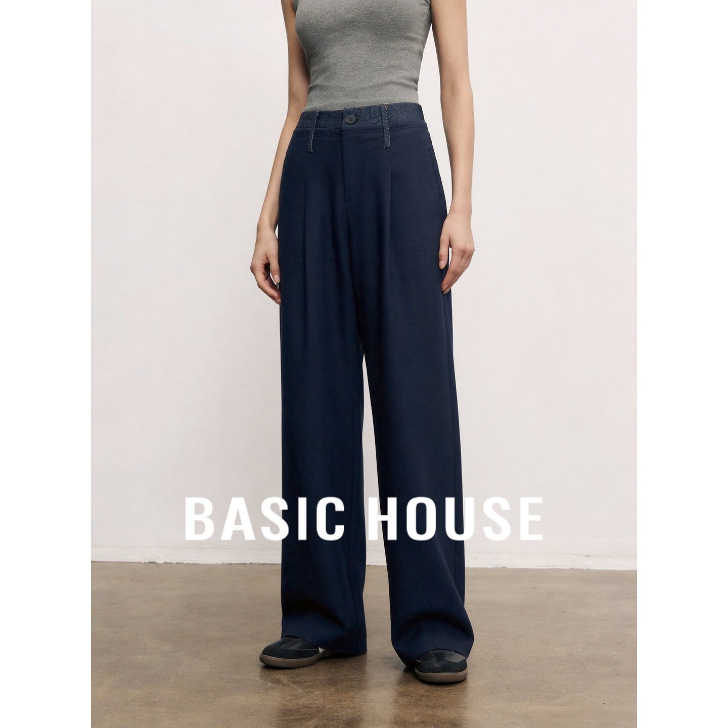 Basic House/百家好藏青色拼接阔腿休闲裤百搭高腰直筒西装裤长裤