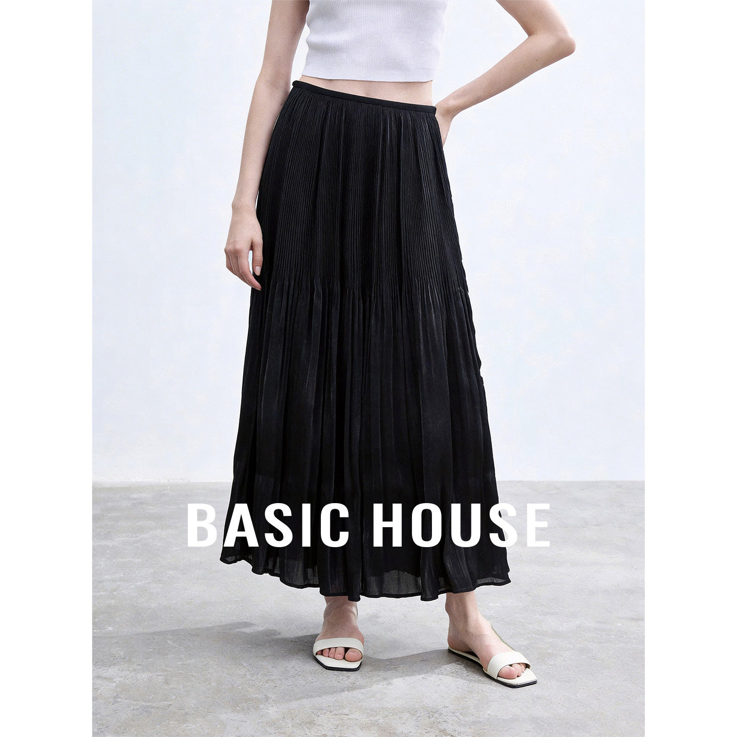 Basic House/百家好黑色高腰宽松半身裙新款夏季压褶A字长款裙子