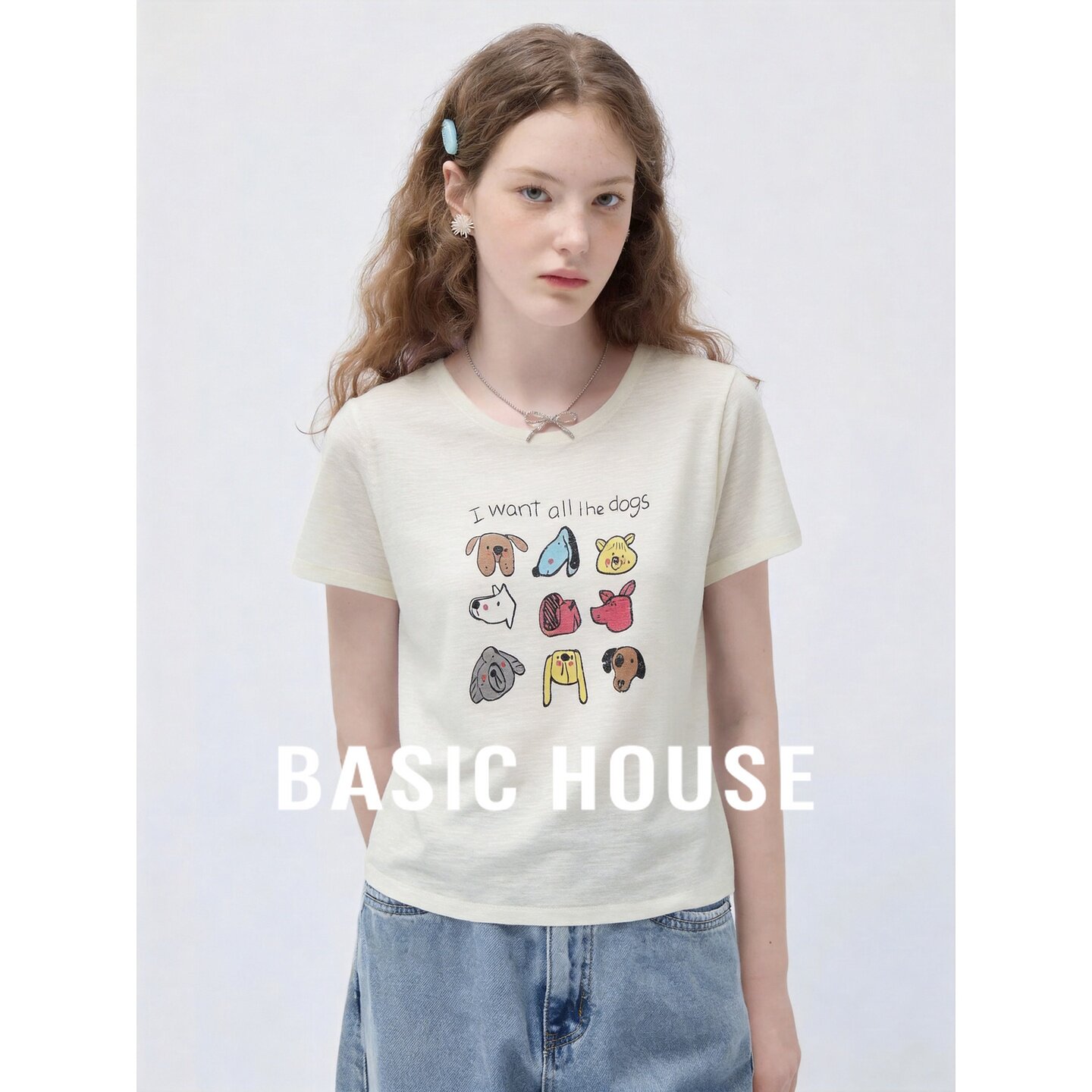 Basic House/百家好卡通动物印花短袖针织衫女夏圆领减龄可爱上衣