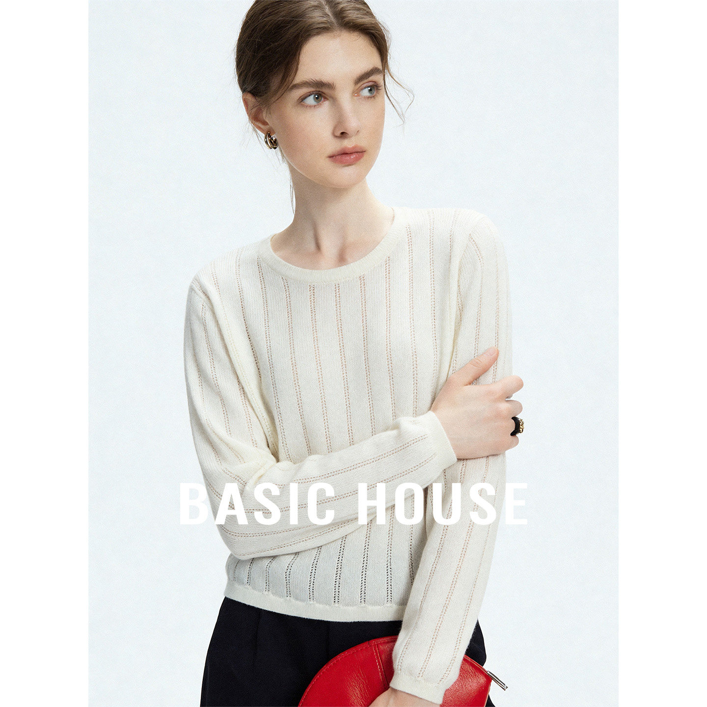 Basic House/百家好圆领镂空短款针织衫2026秋季百搭套头长袖上衣