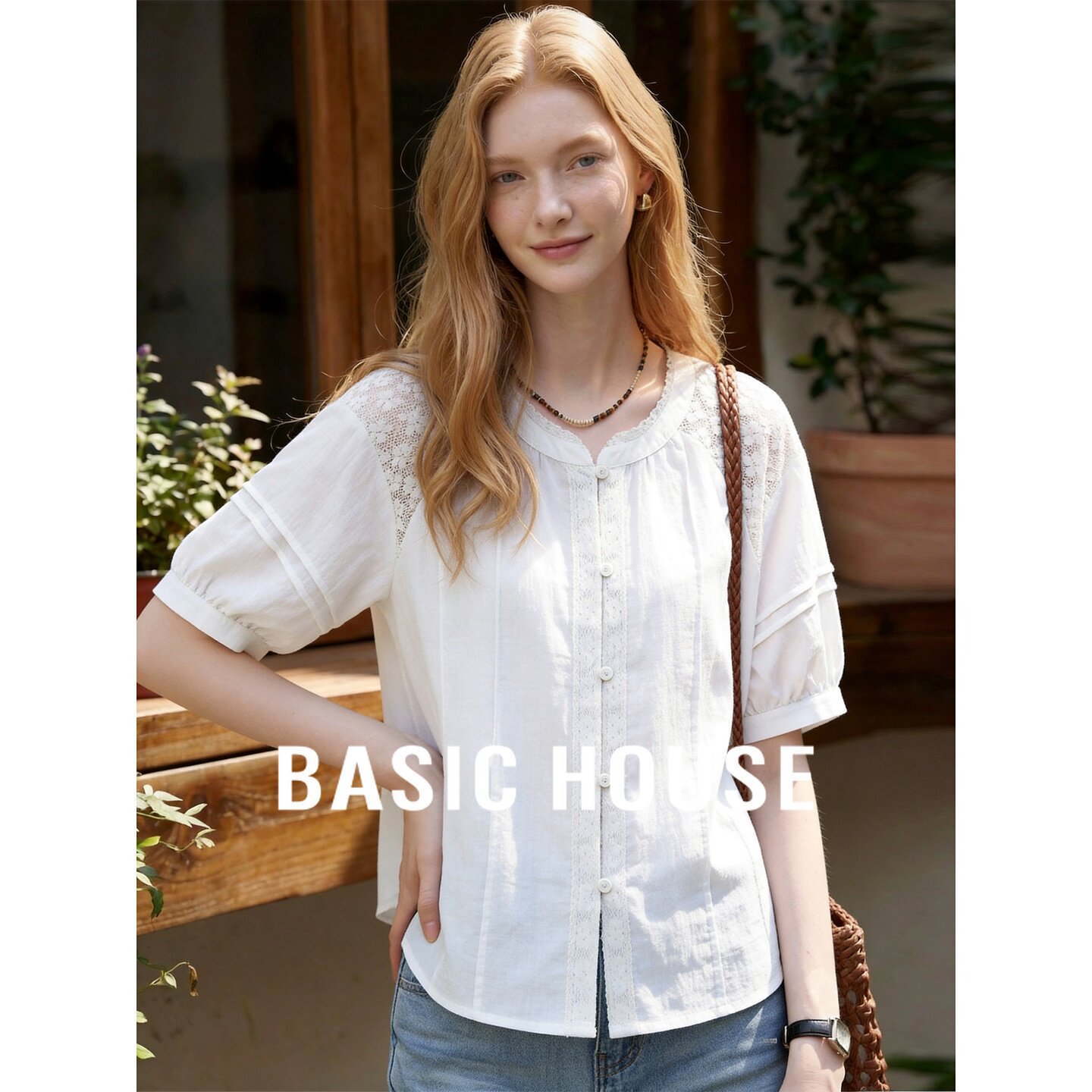 Basic House/百家好法式蕾丝花边白衬衫女夏季宽松透气泡泡袖上衣