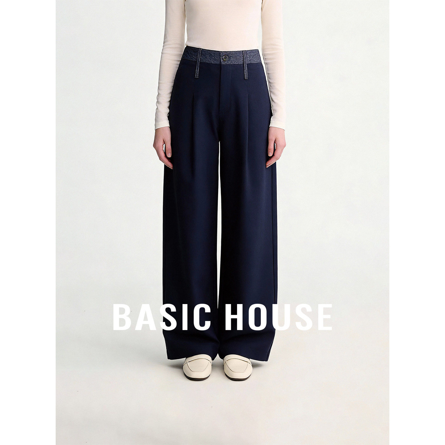 Basic House/百家好藏青色拼接阔腿休闲裤百搭高腰直筒西装裤长裤