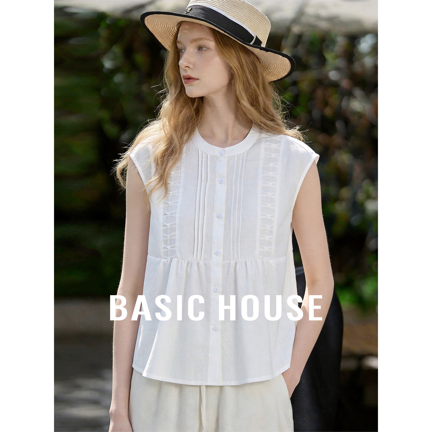 Basic House/百家好2026夏季白色蕾丝拼接宽松无袖薄款衬衫上衣女
