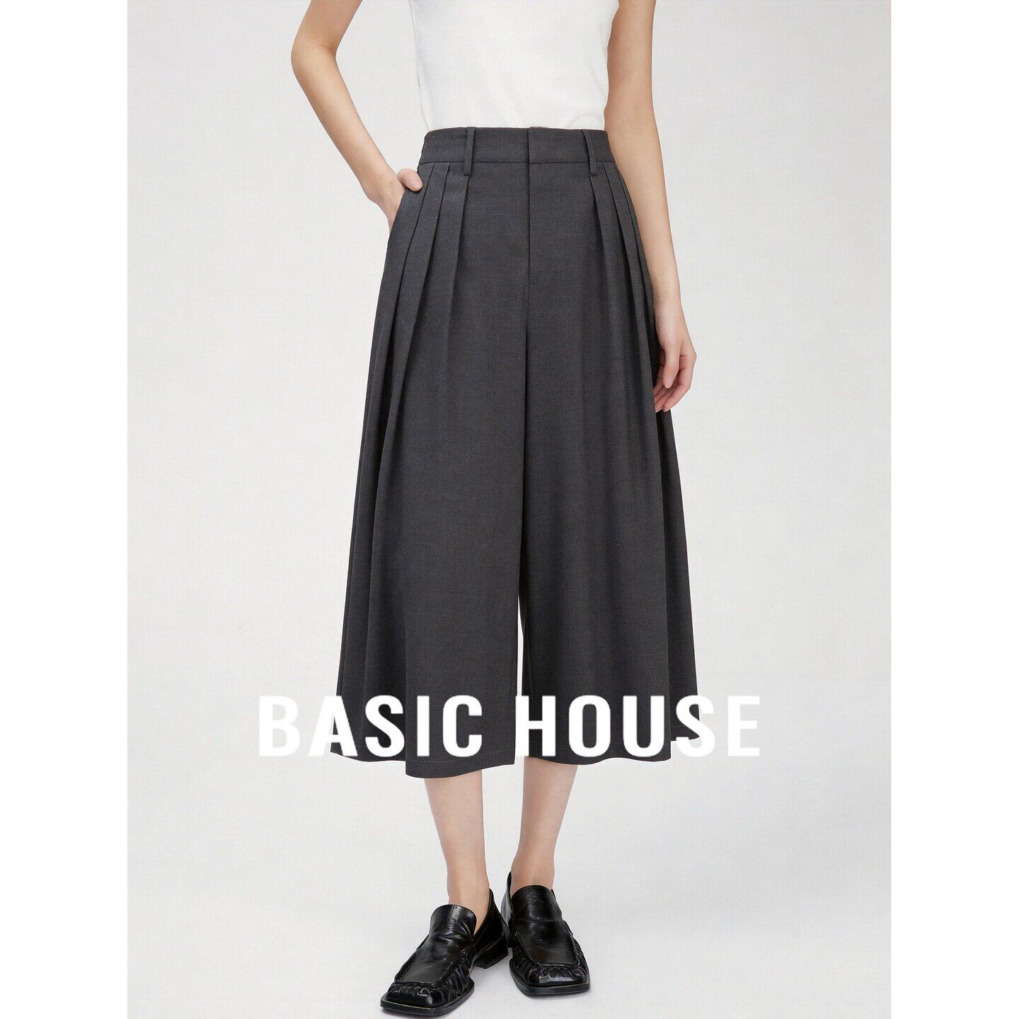 Basic House/百家好极简风灰色压褶七分裤女宽松显瘦百搭阔腿裤