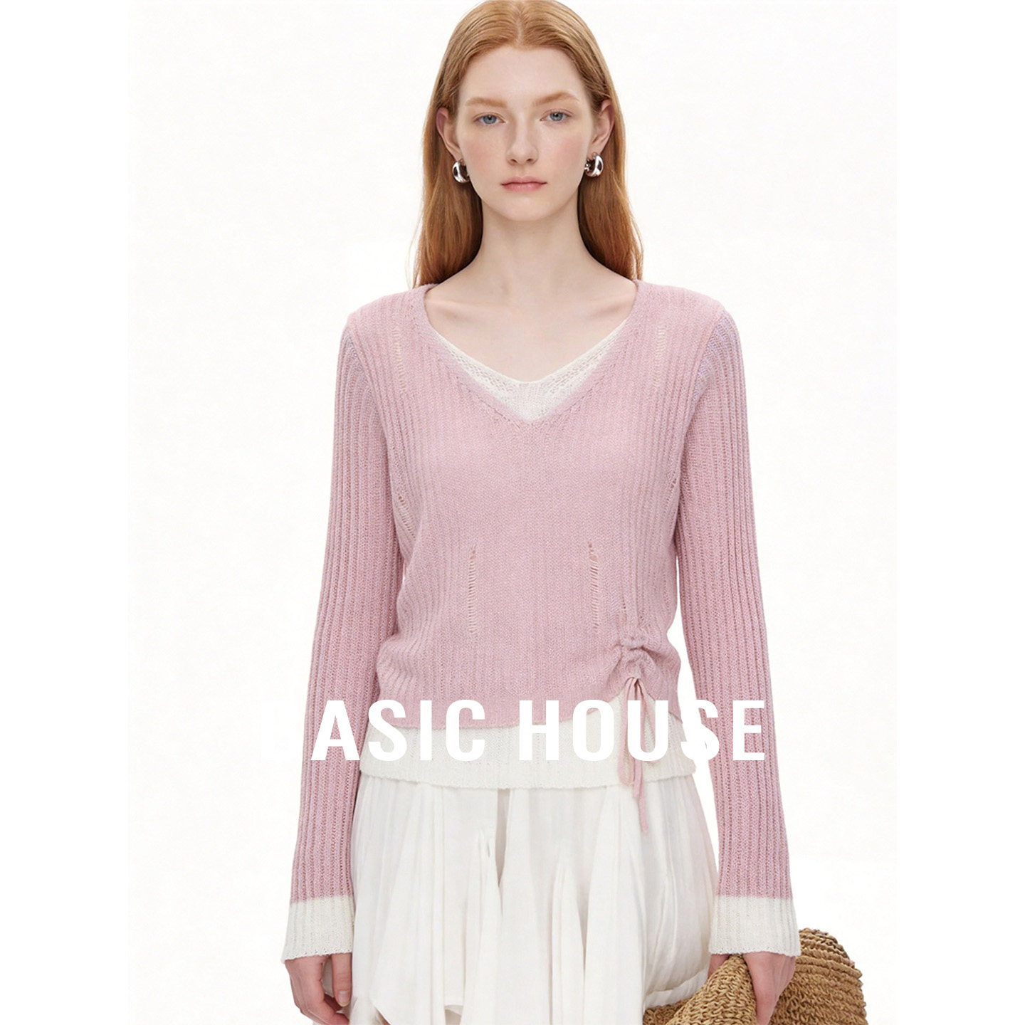 Basic House百家好温柔风假两件抽绳针织衫女春夏V领薄款罩衫上衣