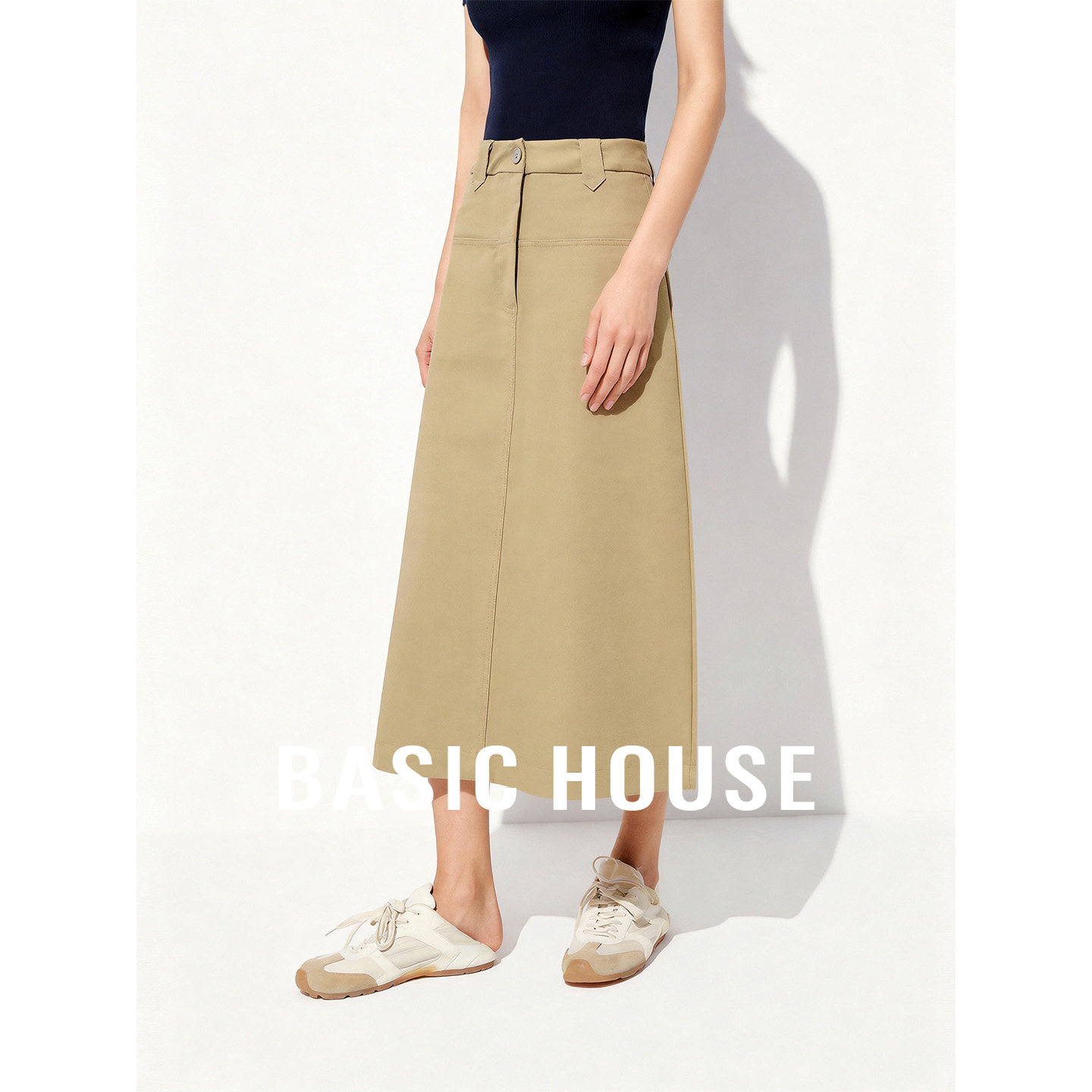 Basic House/百家好卡其色工装半身裙女夏季新款后开叉设计中长裙