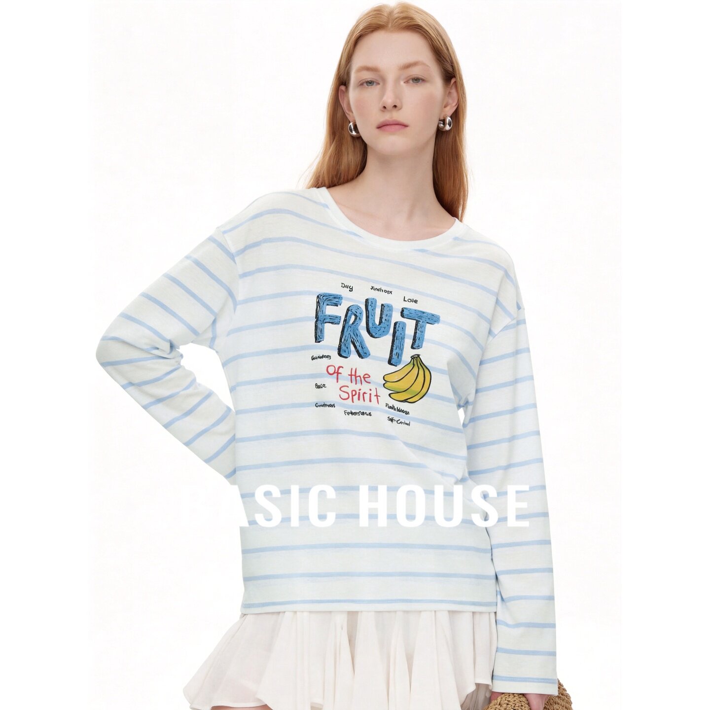 Basic House/百家好氧气感蓝白条纹长袖T恤女夏宽松显瘦防晒罩衫