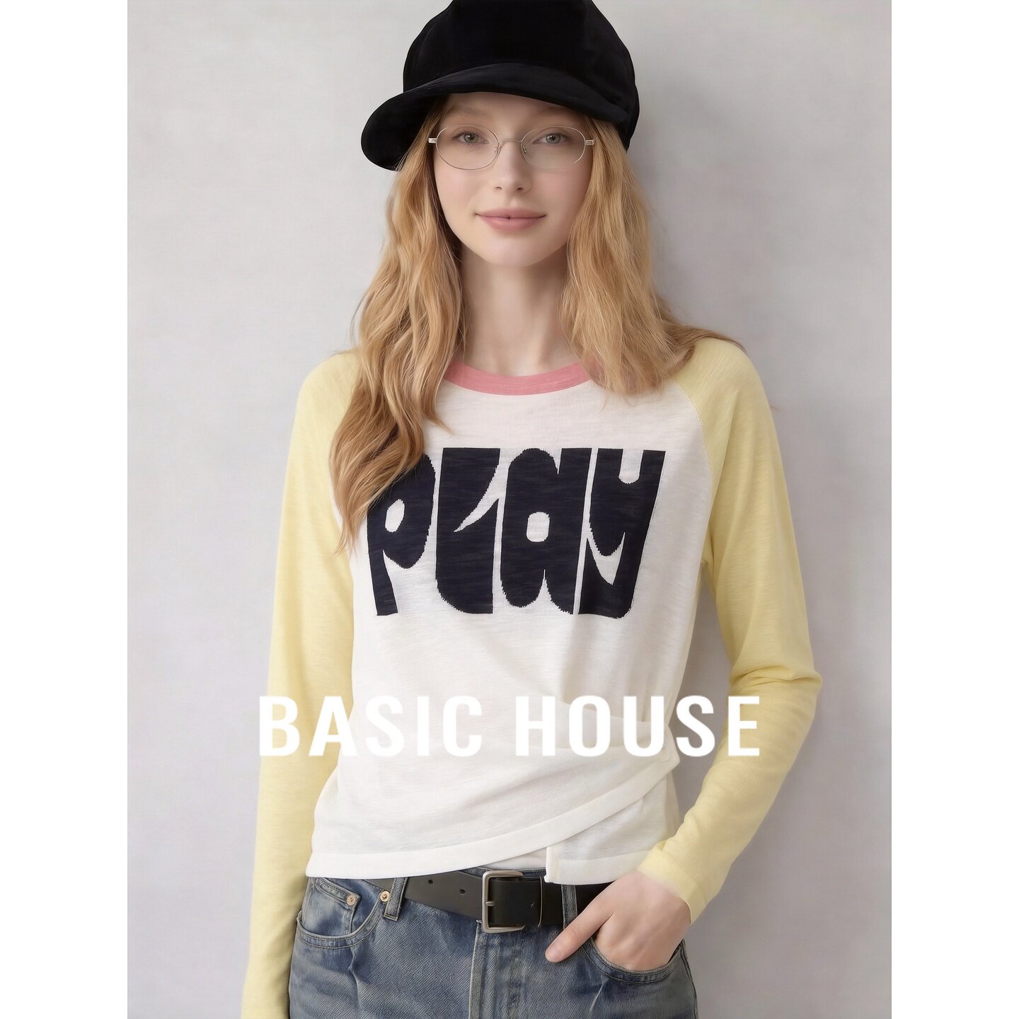 Basic House/百家好设计感字母印花收腰长袖针织衫女圆领薄款上衣