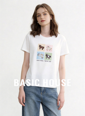 Basic House/百家好白色卡通印花短袖时尚百搭显瘦T恤2026新款女