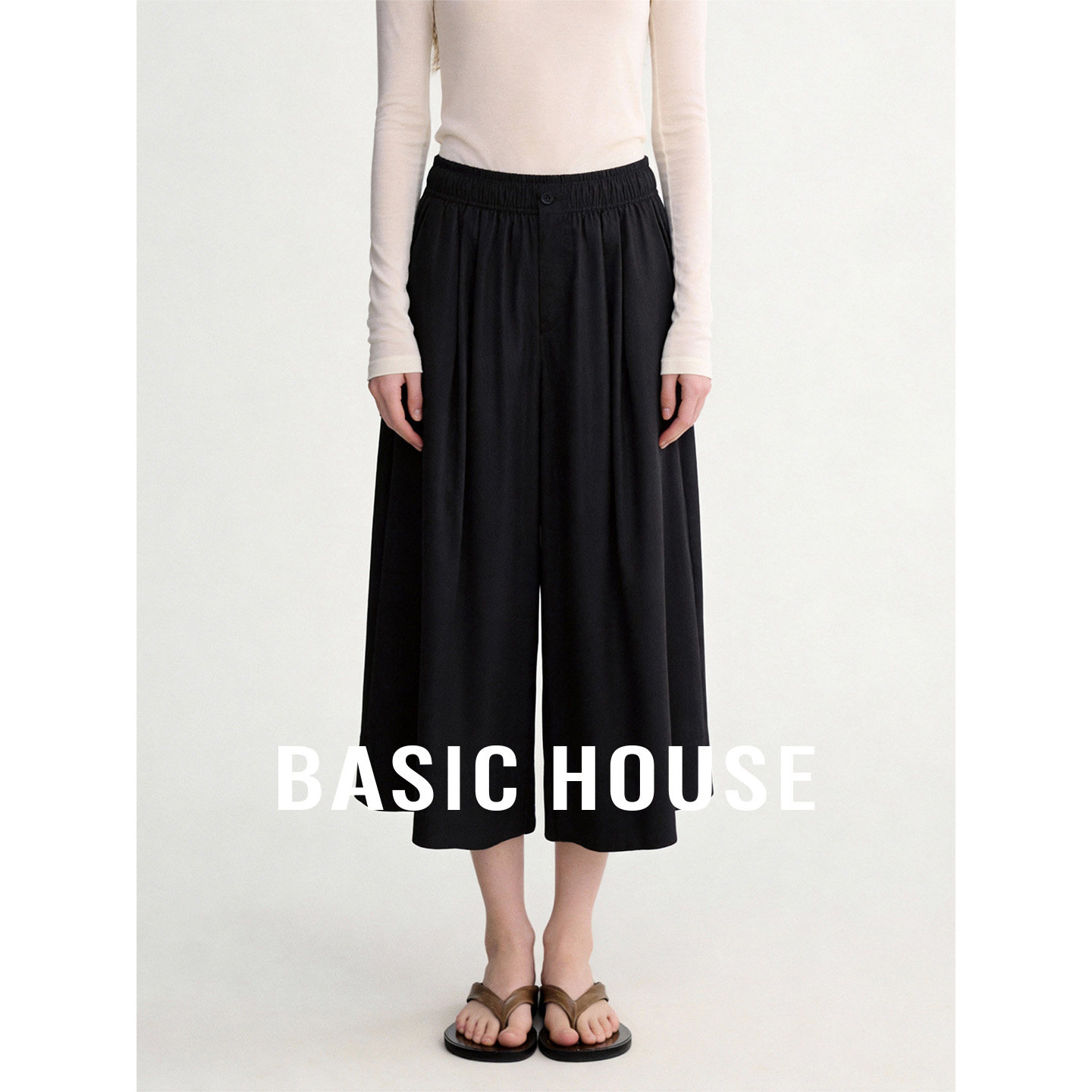 Basic House/百家好黑色松紧腰直筒裤女秋垂坠感宽松通勤百搭裙裤