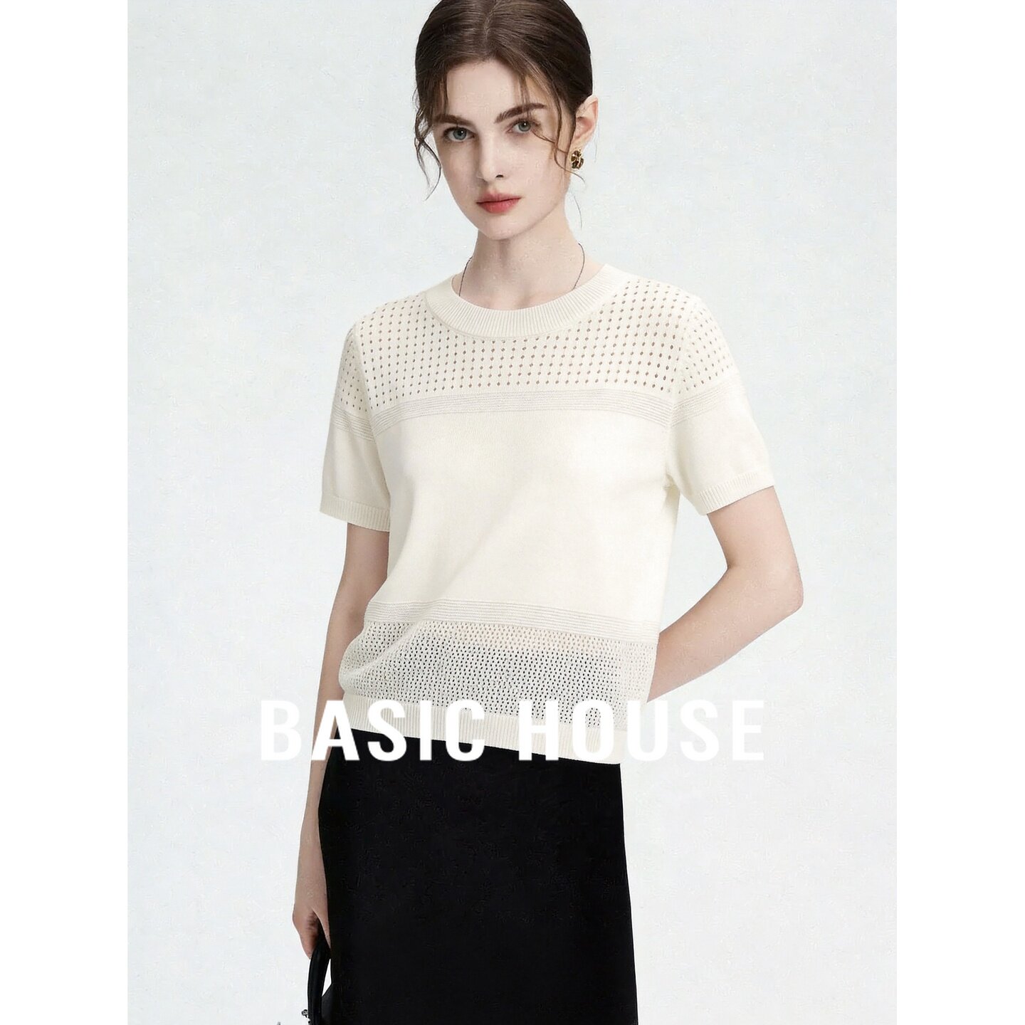 Basic House/百家好莱赛尔白色镂空短袖针织衫女夏季上衣薄款百搭