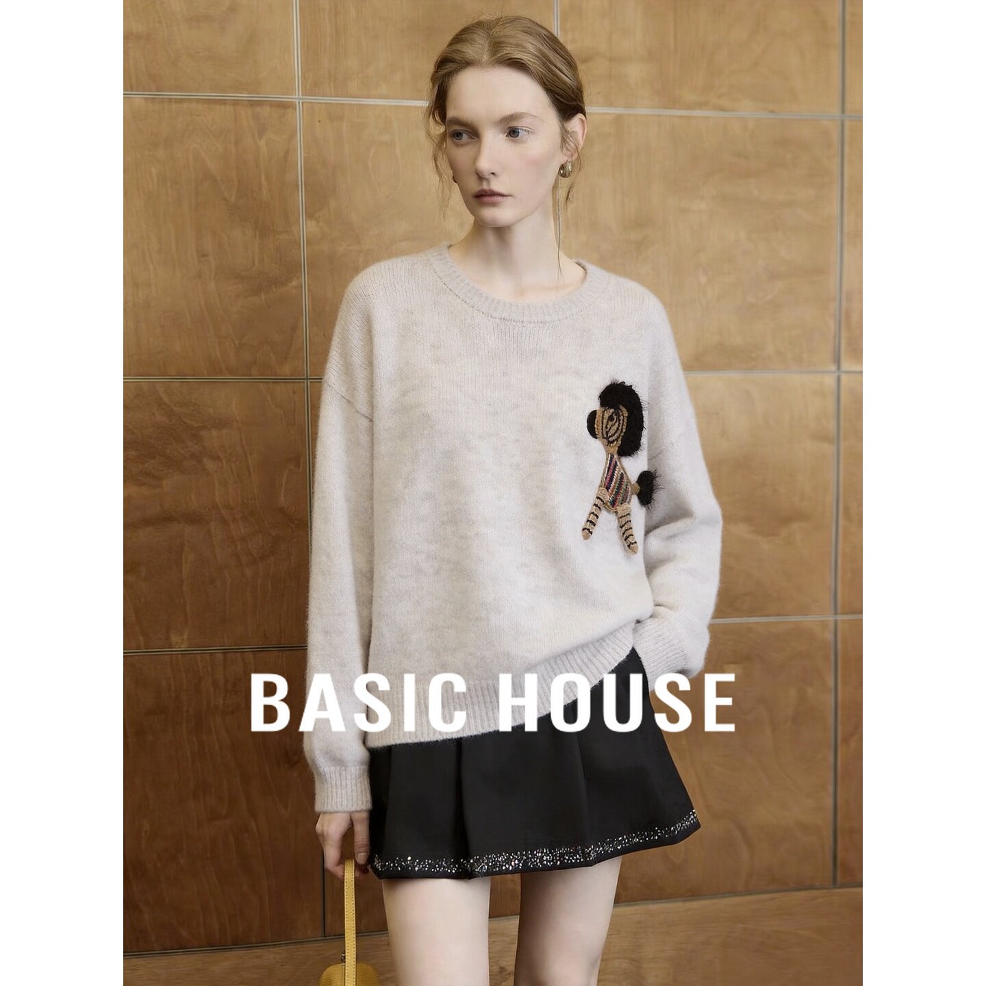 Basic House/百家好慵懒风圆领小马毛衣女宽松减龄套头针织衫新款