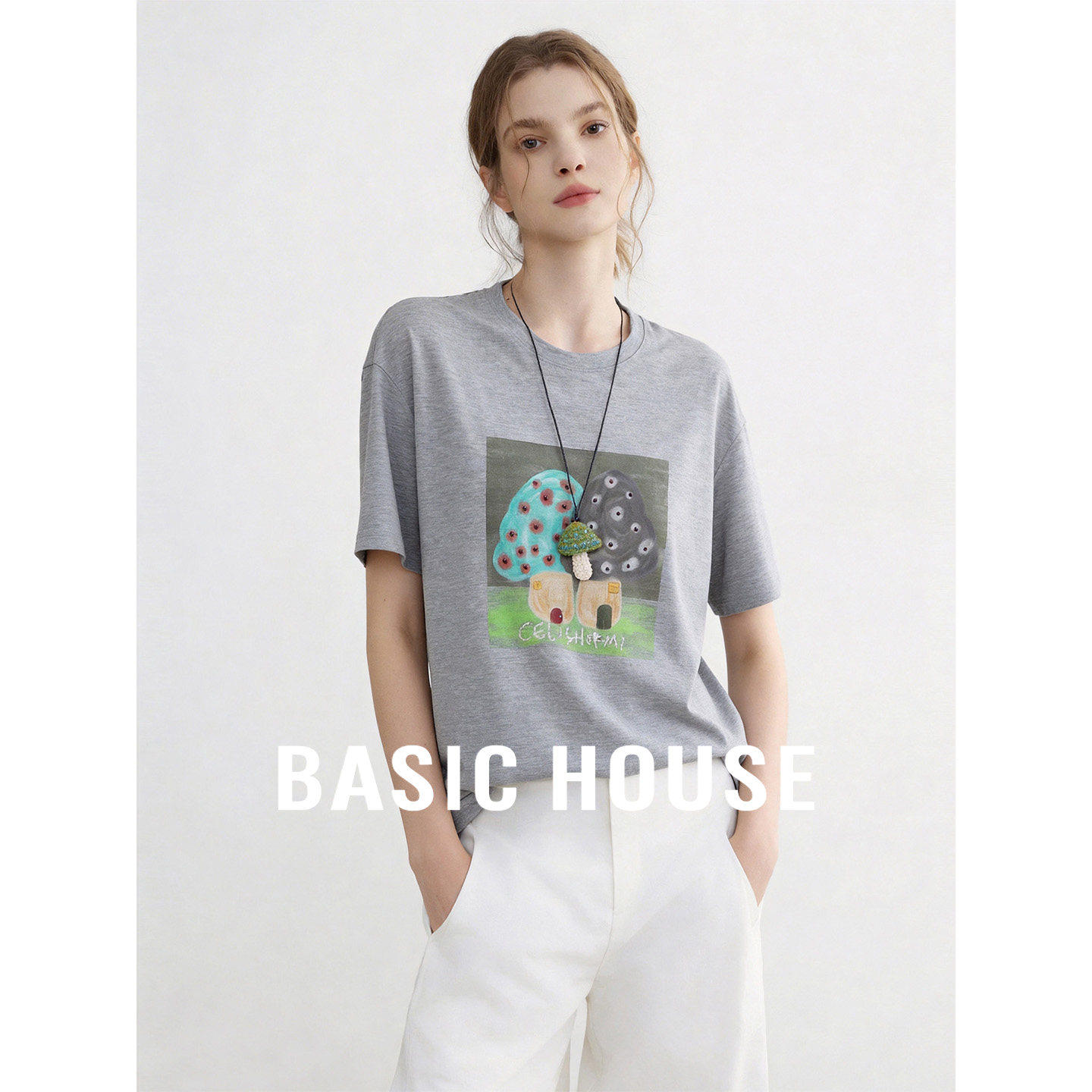 Basic House/百家好圆领卡通印花宽松T恤女夏季减龄短袖套头上衣