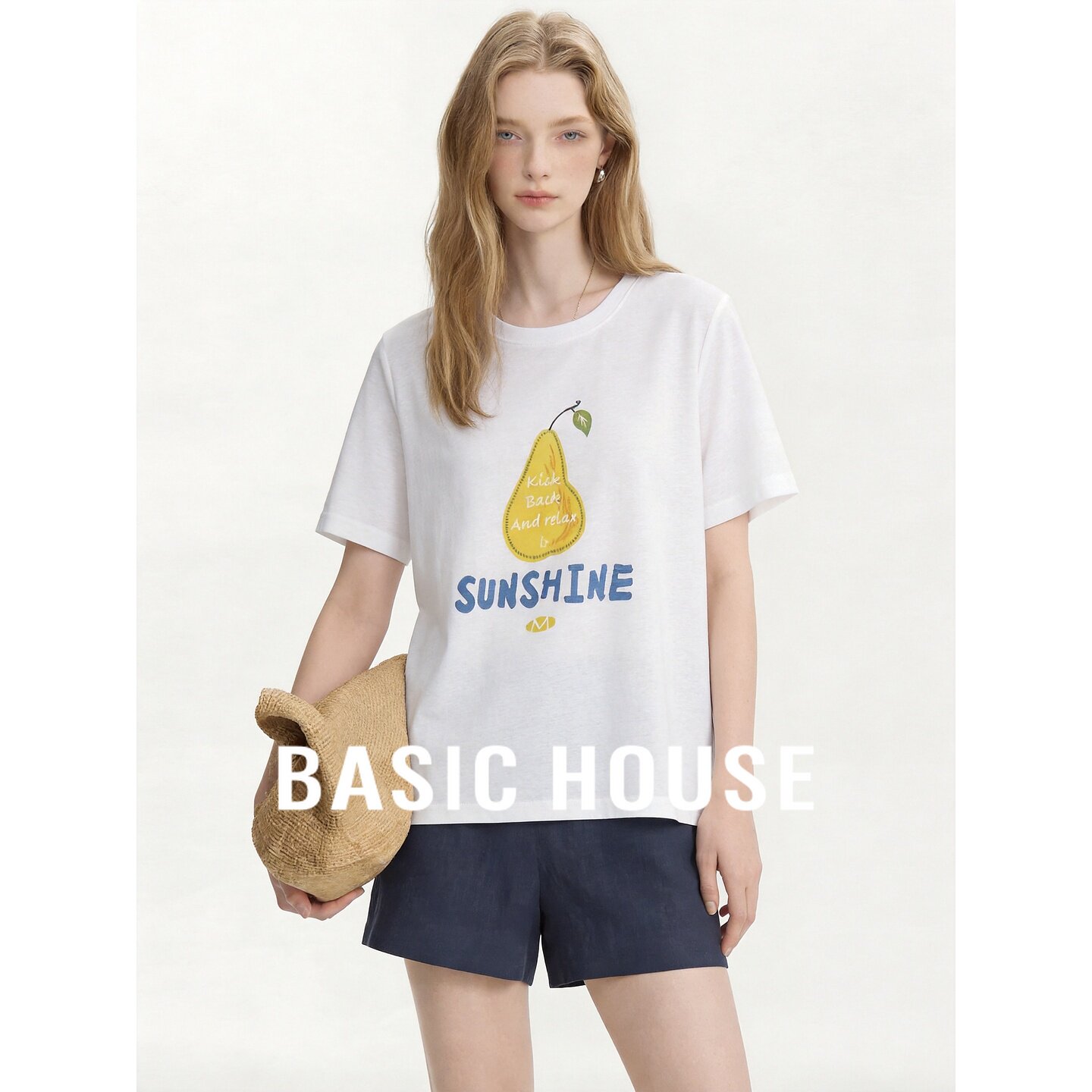 Basic House/百家好梨形印花含棉T恤女短袖圆领宽松百搭休闲上衣