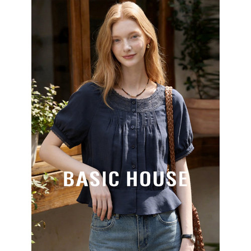 Basic House/百家好法式度假风泡泡袖花边衬衫女蓝色气质显瘦上衣