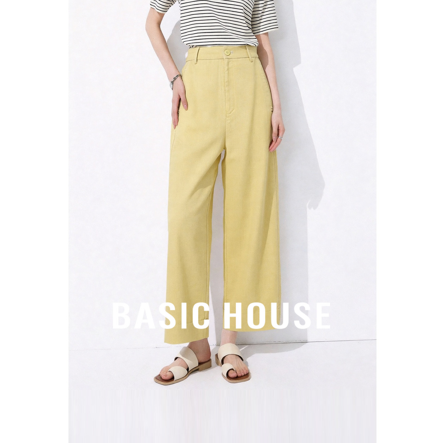 Basic House/百家好莱赛尔亚麻黄色高腰阔腿裤女夏通勤简约休闲裤