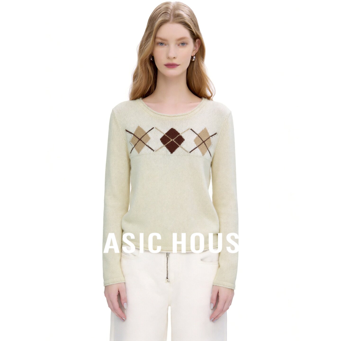 Basic House/百家好学院风菱格纹圆领套头针织衫女长袖百搭上衣