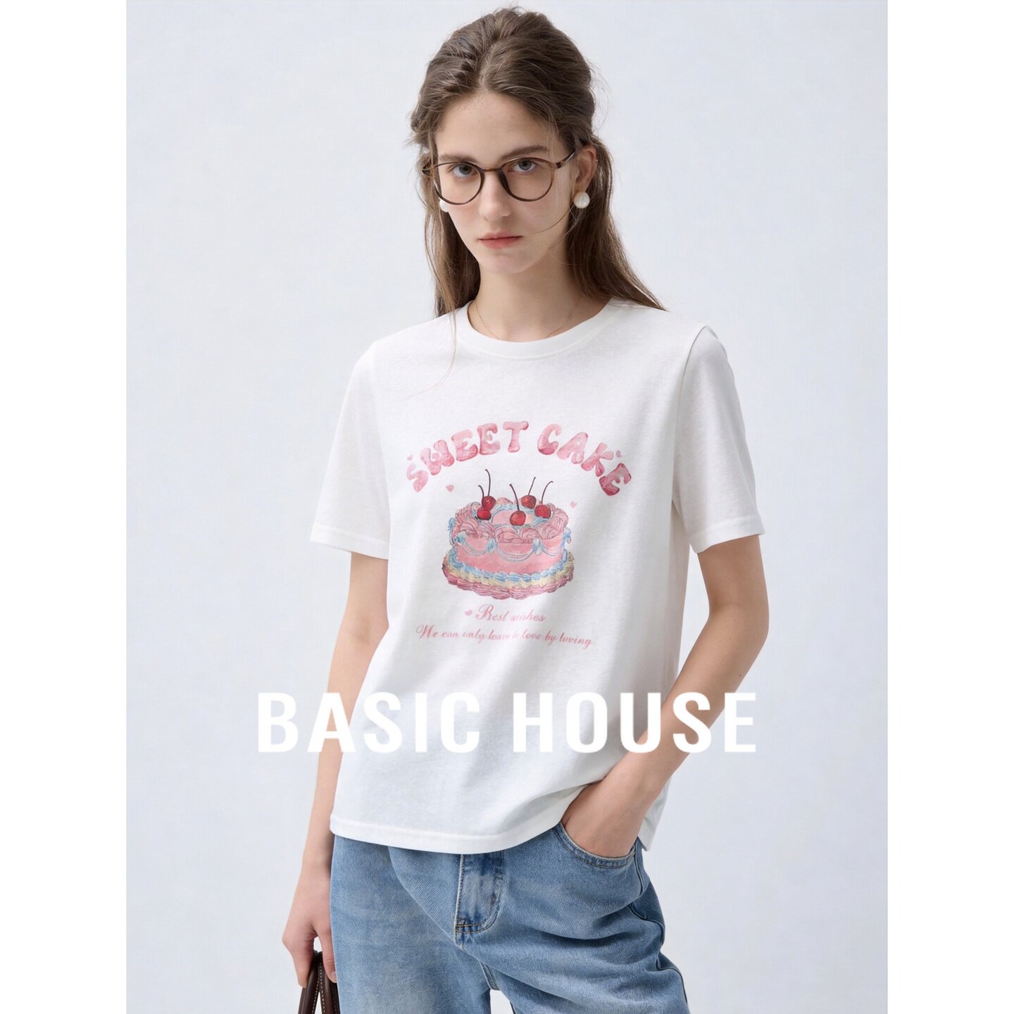 Basic House/百家好白色甜美蛋糕印花短袖T恤圆领减龄上衣女夏季