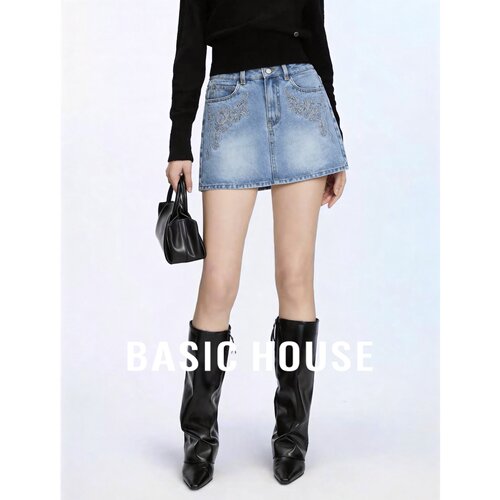 Basic House/百家好高腰刺绣牛仔短裙女夏通勤百搭纯棉半身裙蓝色
