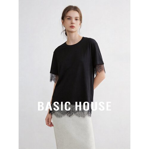 Basic House/百家好优雅风蕾丝拼接短袖T恤女黑色设计感圆领上衣