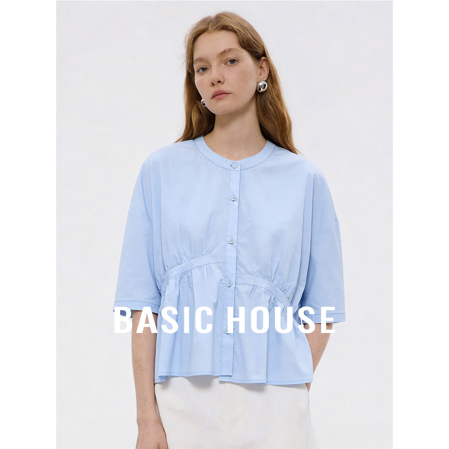 Basic House/百家好夏季舒适棉质衬衫女新款时尚设计感百搭上衣