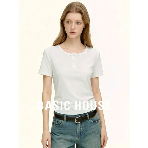 Basic House/百家好纯色正肩短袖T恤女莱赛尔修身百搭亲肤上衣