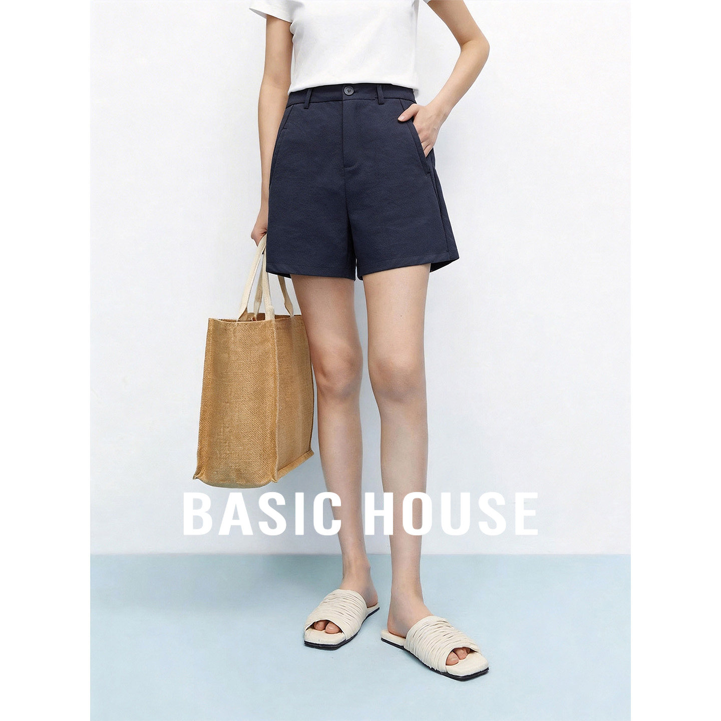Basic House/百家好2026夏季新款纯色高腰A字短裤宽松显瘦休闲裤