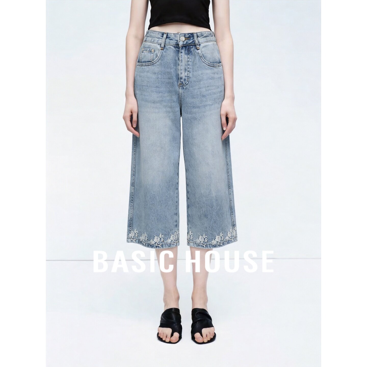 Basic House/百家好蓝色复古阔腿牛仔裤女高腰宽松时尚百搭九分裤
