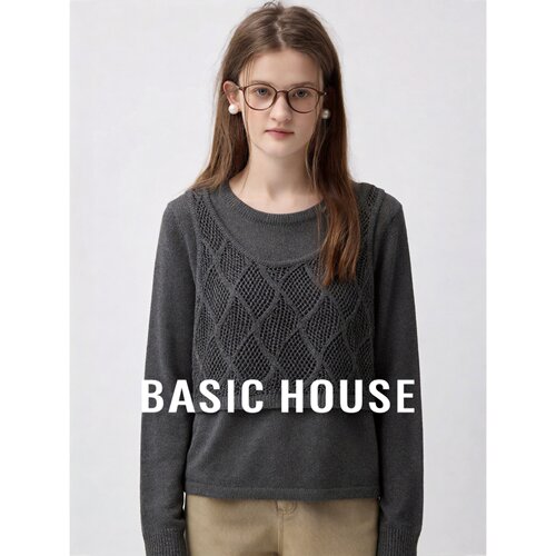 Basic House/百家好莱赛尔假两件镂空针织衫女秋温柔宽松显瘦上衣