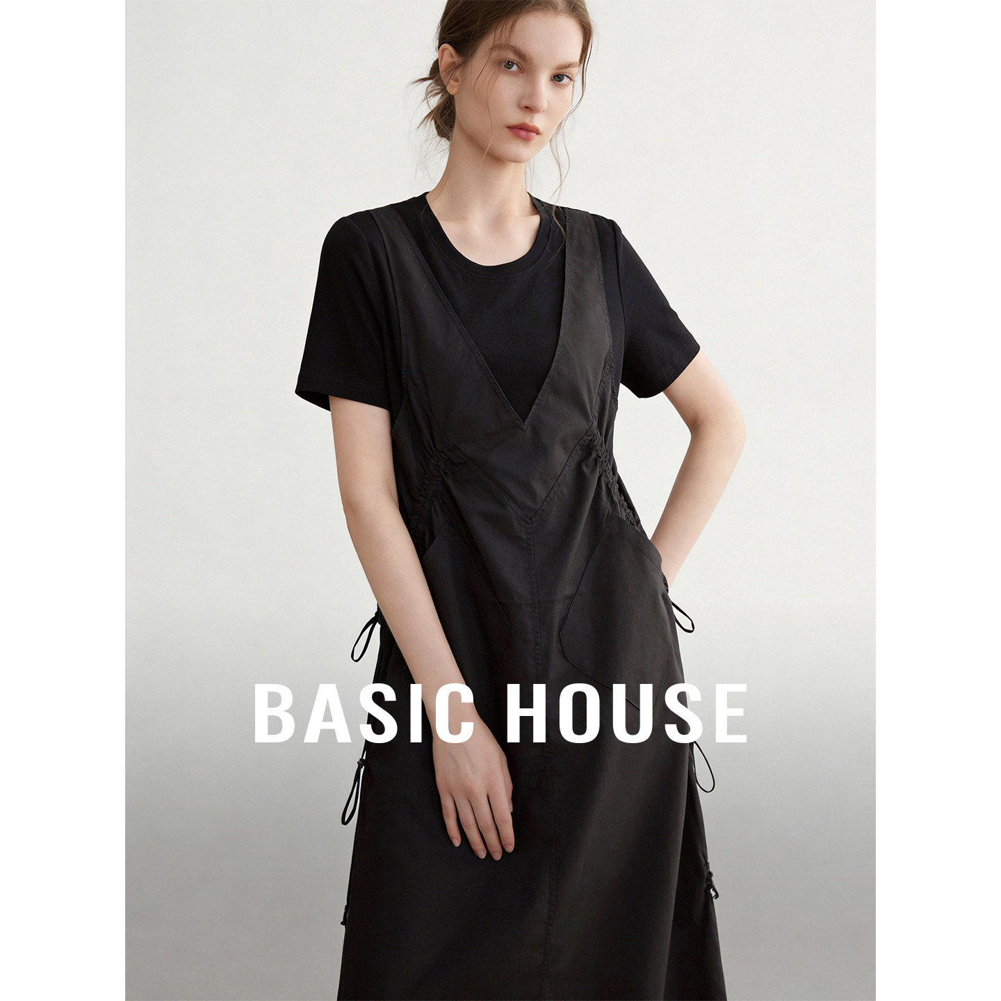 Basic House/百家好假两件背带连衣裙女夏季新款抽绳收腰中长裙
