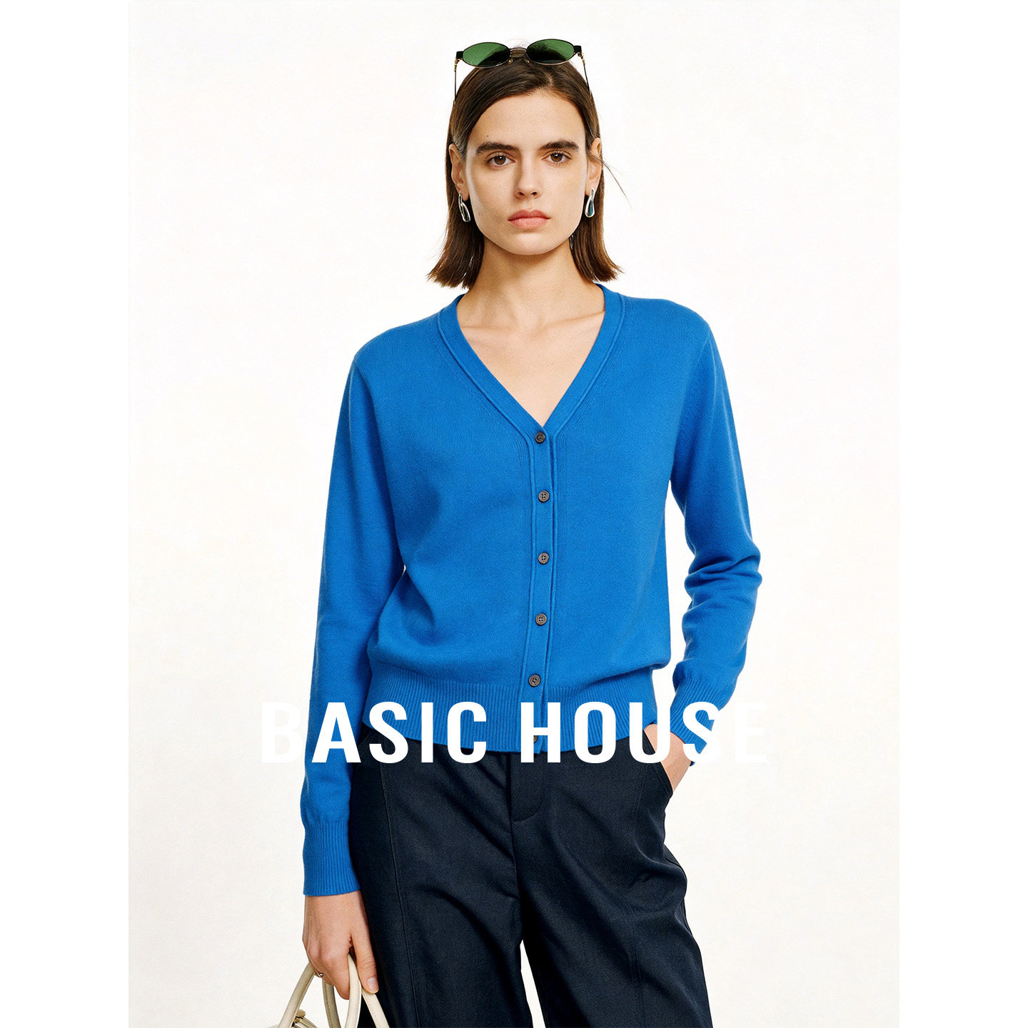 Basic House/百家好深蓝色简约针织开衫女夏季亮眼吸睛上衣外套