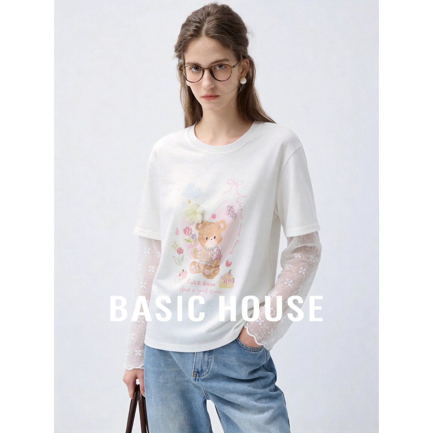 Basic House/百家好白色印花T恤女韩版宽松上衣秋季通勤日常穿搭
