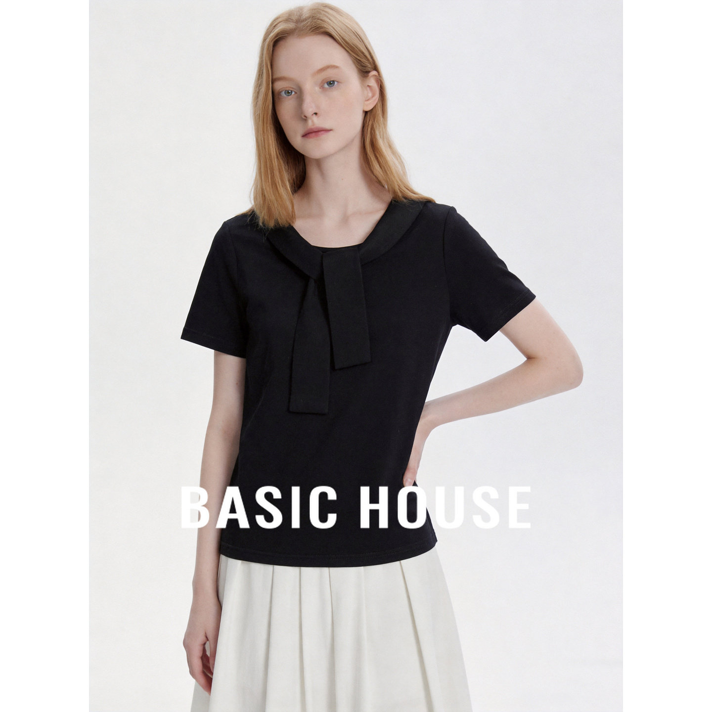 Basic House/百家好法式学院风黑色短袖T恤女夏季披肩领减龄上衣
