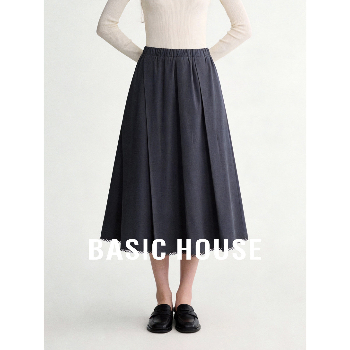 Basic House/百家好高腰珍珠边温柔风半身裙女春设计感宽松A字裙