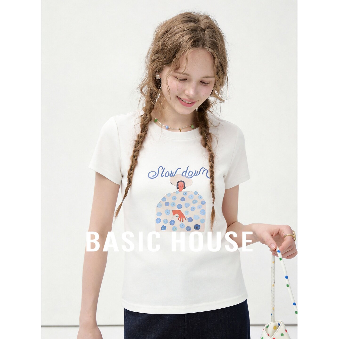 Basic House/百家好休闲白色卡通印花短袖T恤纯色百搭上衣女夏季